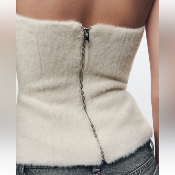 Zara NWT structured fuzzy / furry strapless tube top zipper back - Off white - Picture 4 of 8